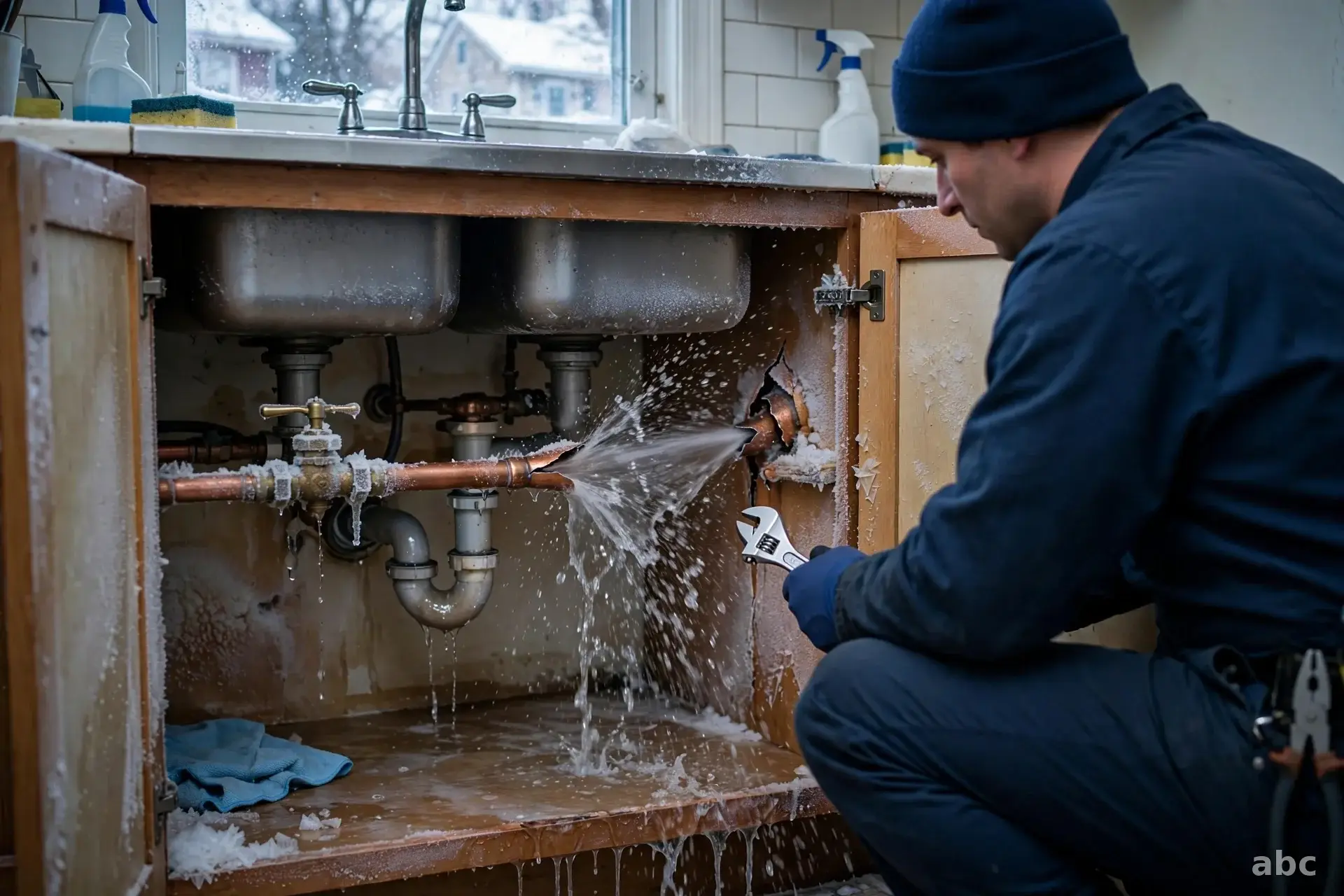 Water spraying from a burst copper pipe inside a residential basement