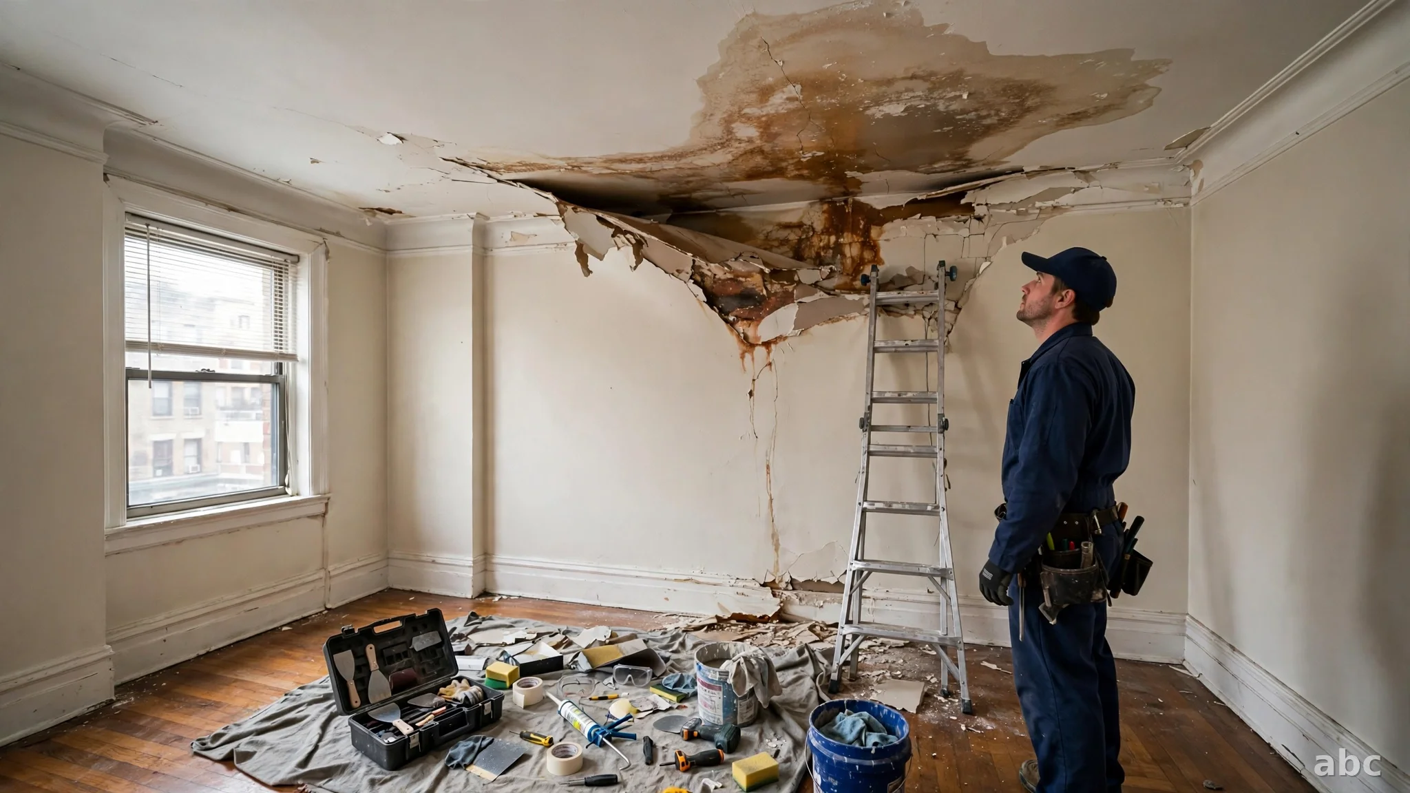Technician inspecting a water-stained ceiling with a moisture meter