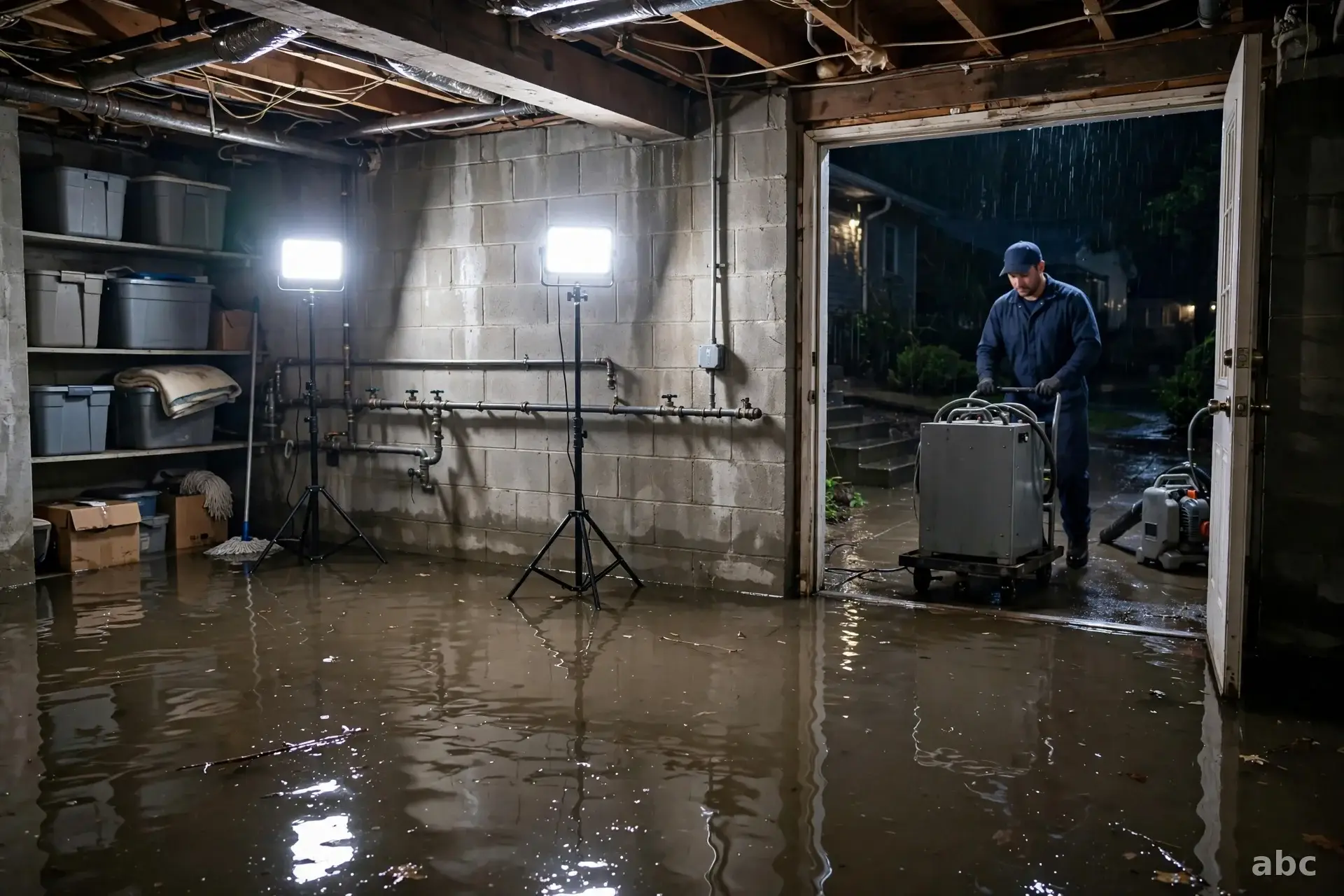 Urgent nighttime scene of emergency water damage response in a New York home