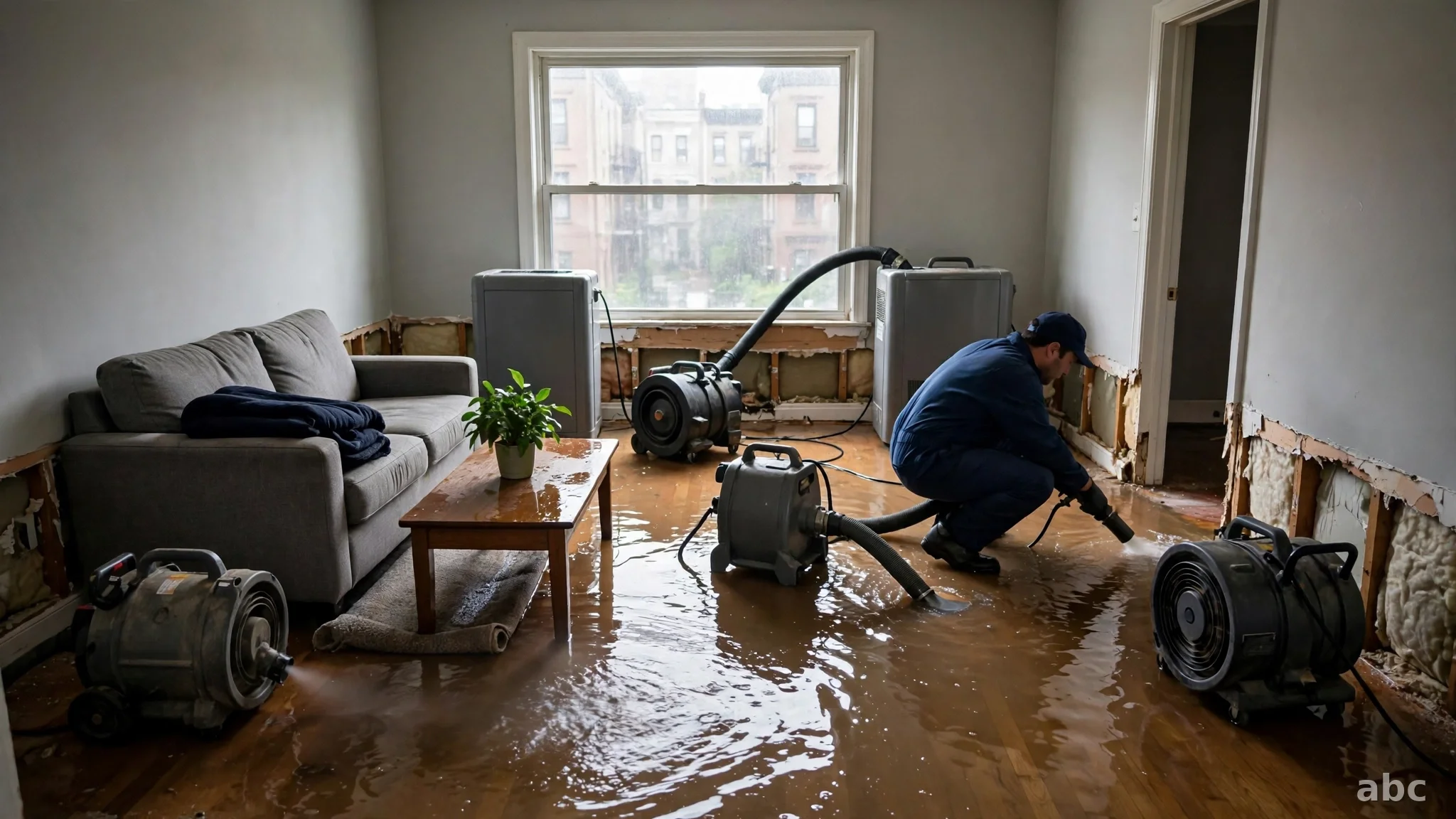Professional removing floodwater from a flooded New York basement with extraction equipment