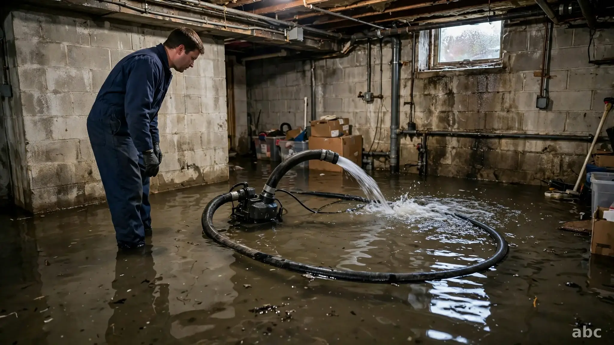 Technician pumping standing water from a flooded basement in New York