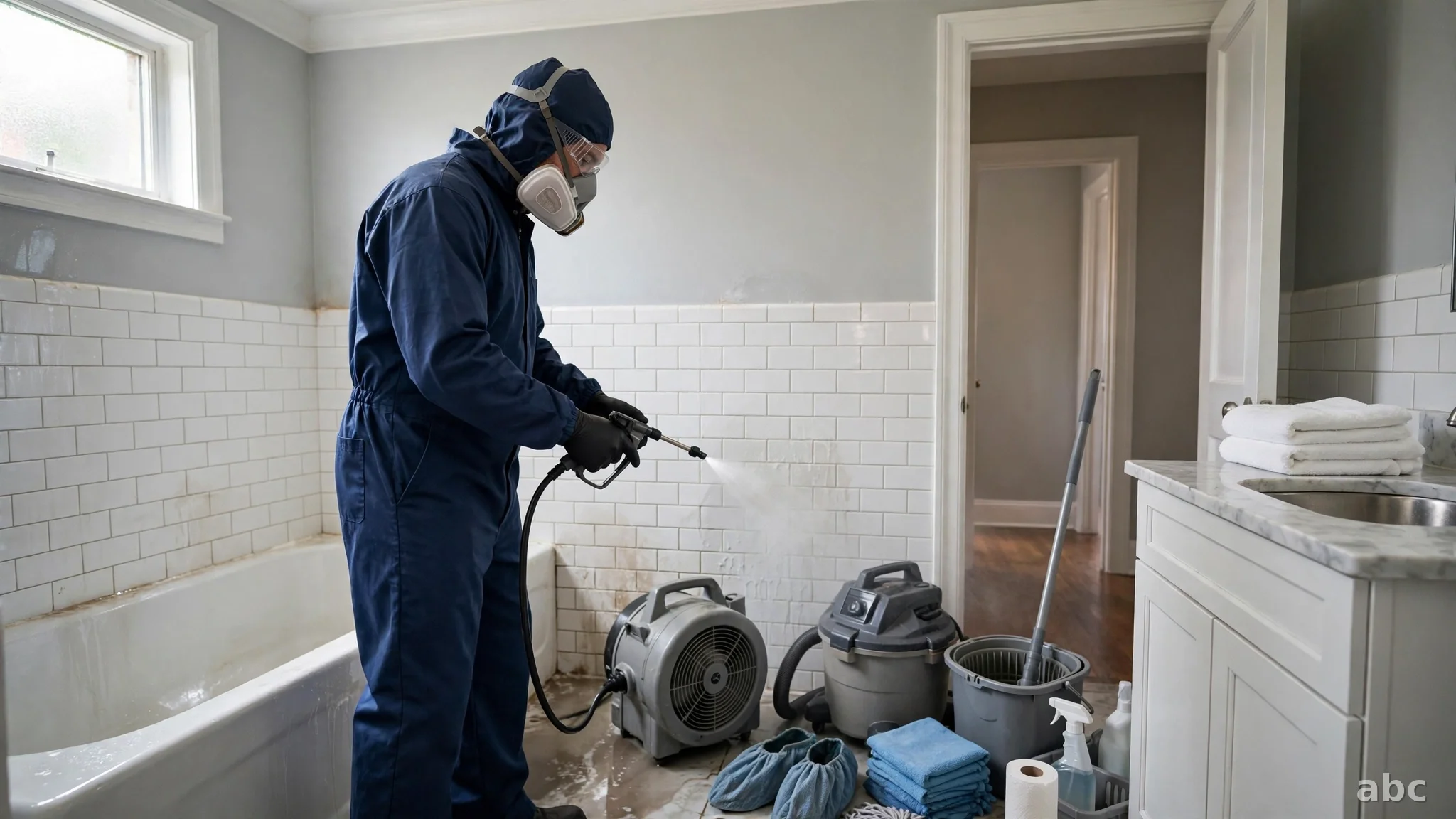 Professional in protective gear performing sewage cleanup in a New York home