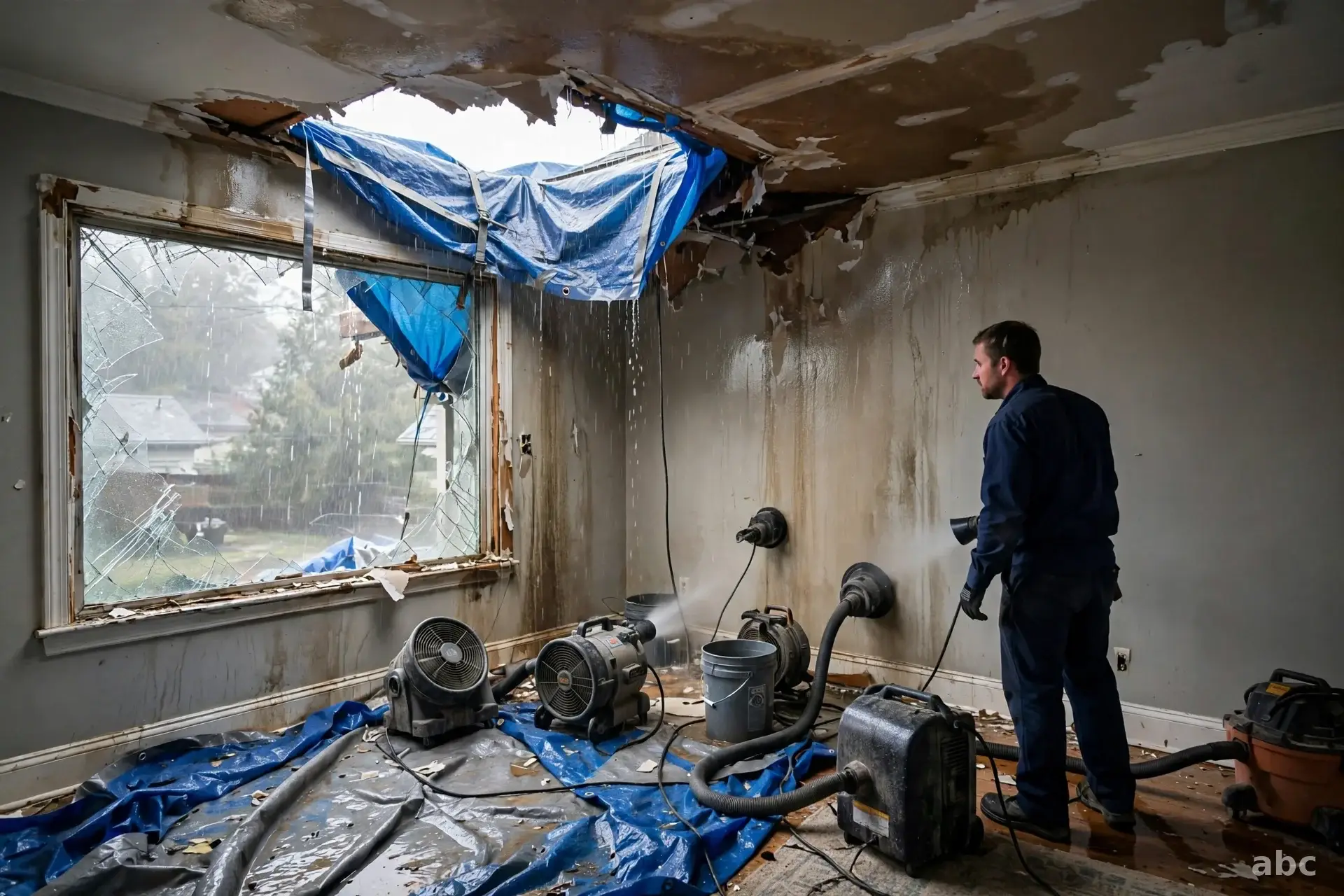 Professional inspecting storm damage and roof leak inside a New York home after a severe storm