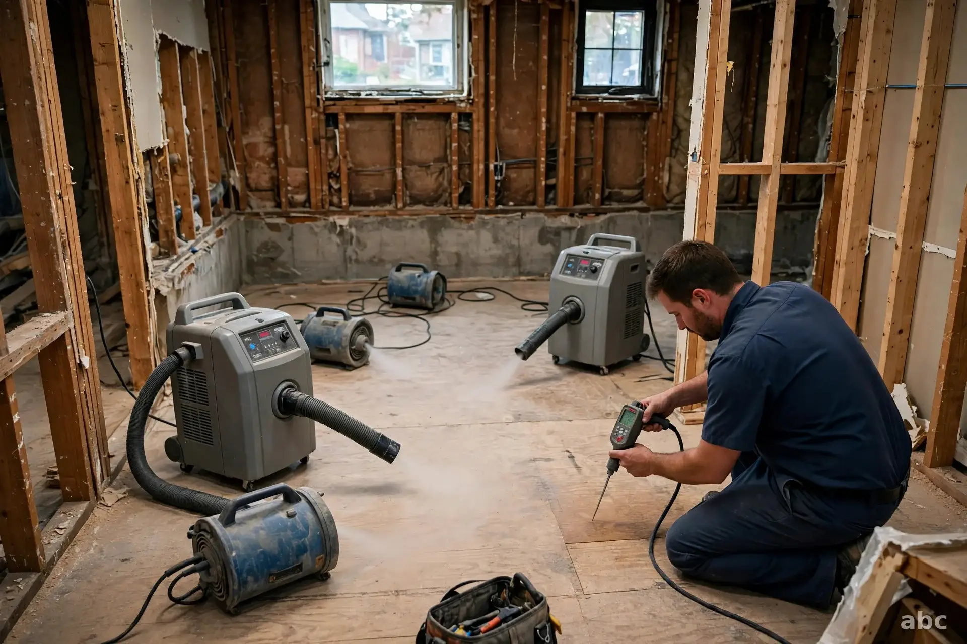 Air movers and dehumidifiers drying a room during structural drying in New York