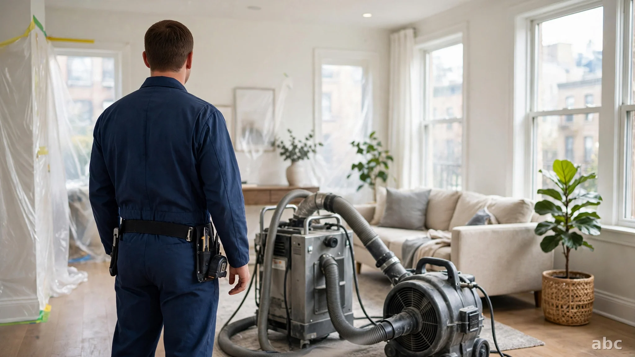 Drying equipment at work inside a New York home after water damage