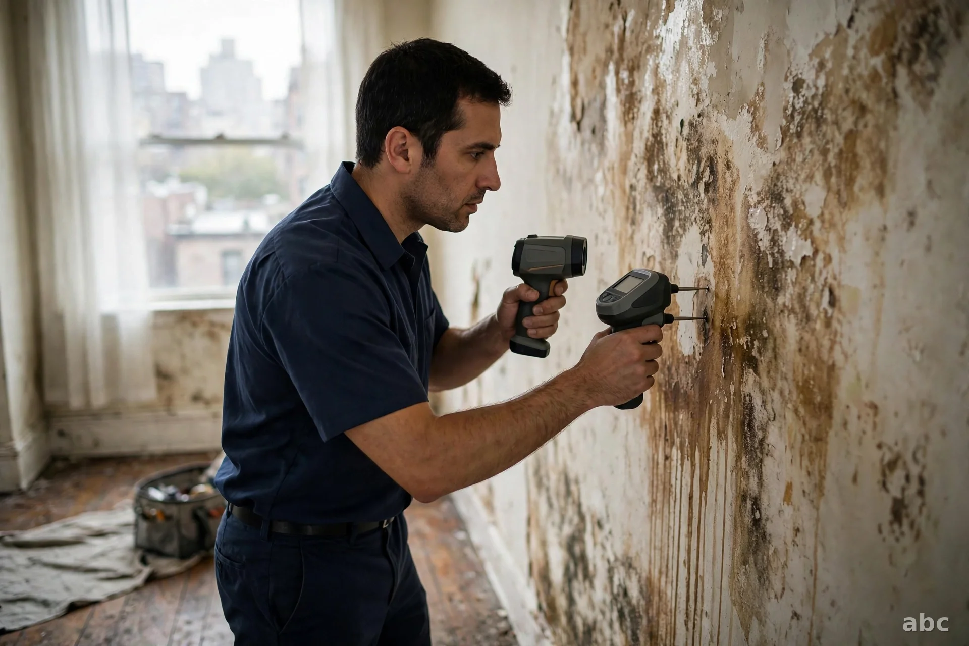 Technician scanning a wall with a thermal imaging camera during a moisture inspection