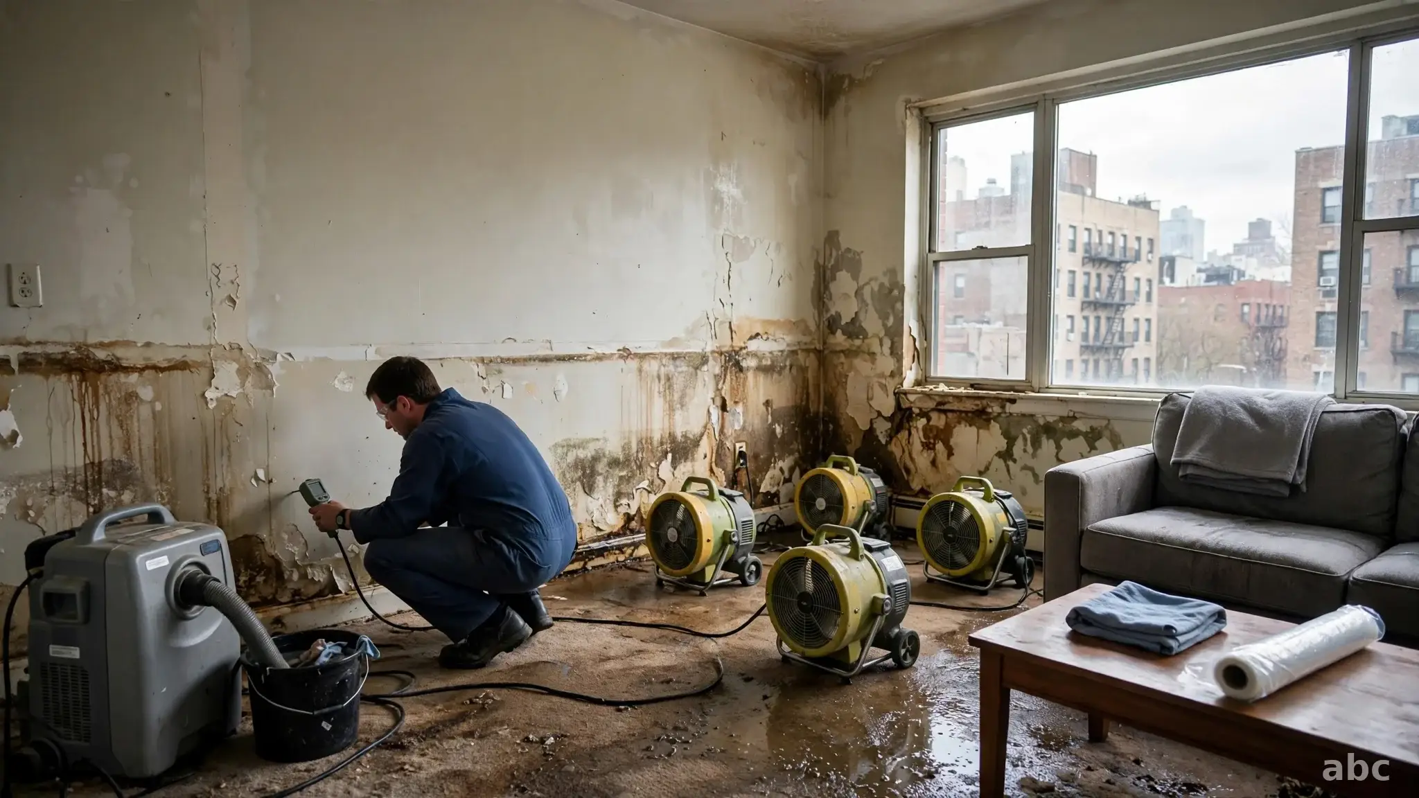 Technician performing water damage restoration in a New York home with professional drying equipment
