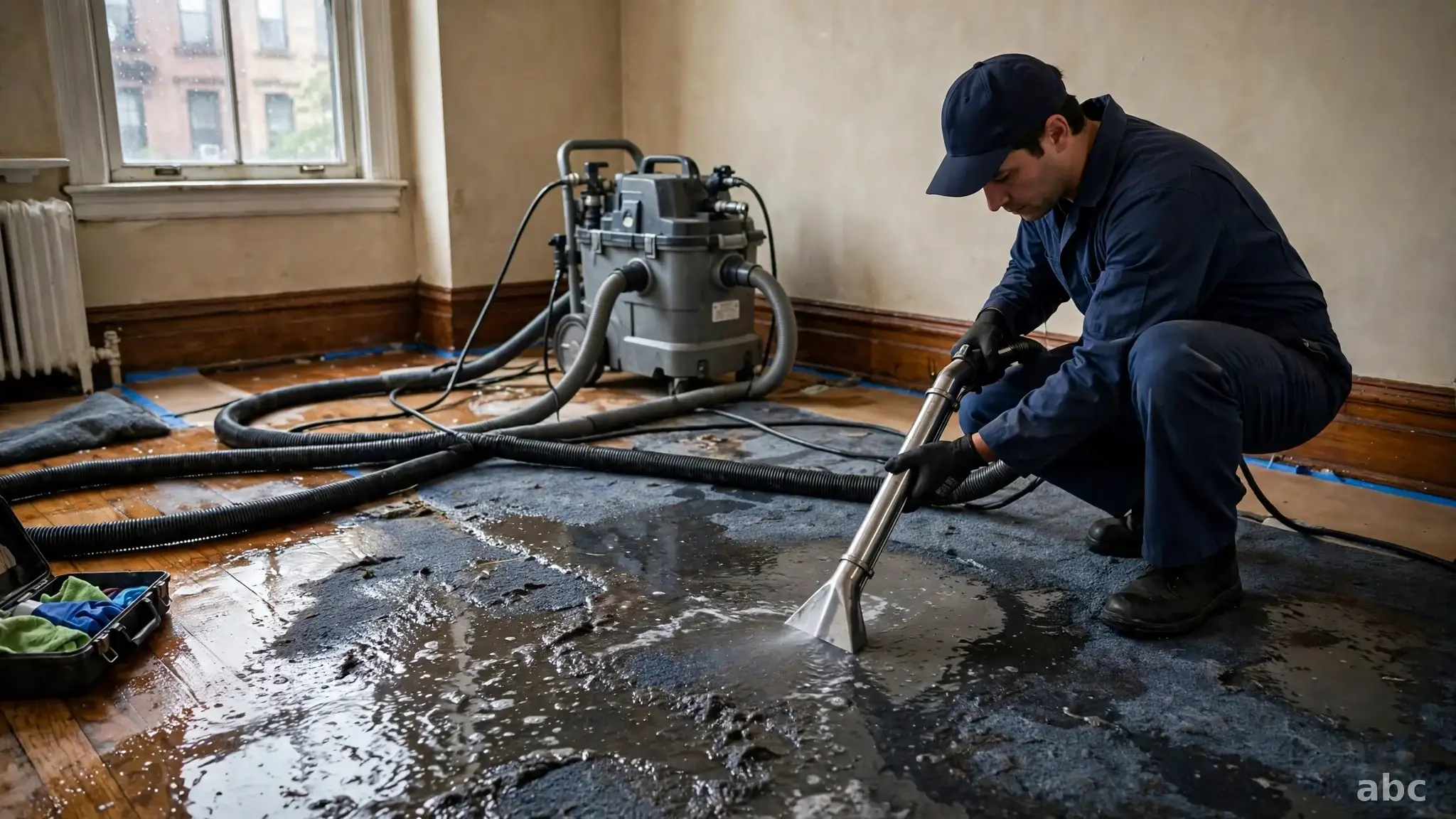Professional extracting standing water from a flooded New York basement with a high-volume pump